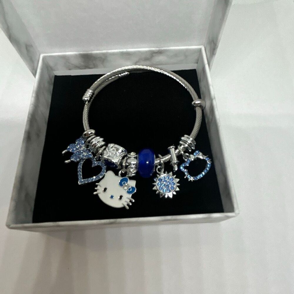 Hello Kitty Blue Charm Bracelet Silver Tone Rhinestone Bangle NEW